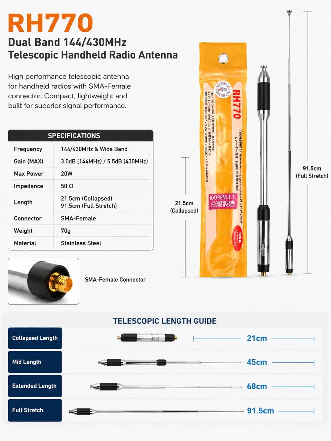 RH770 Dual Band 144/430MHz High Gain SMA-Female Telescopic Handheld Radio Antenna - Image 9
